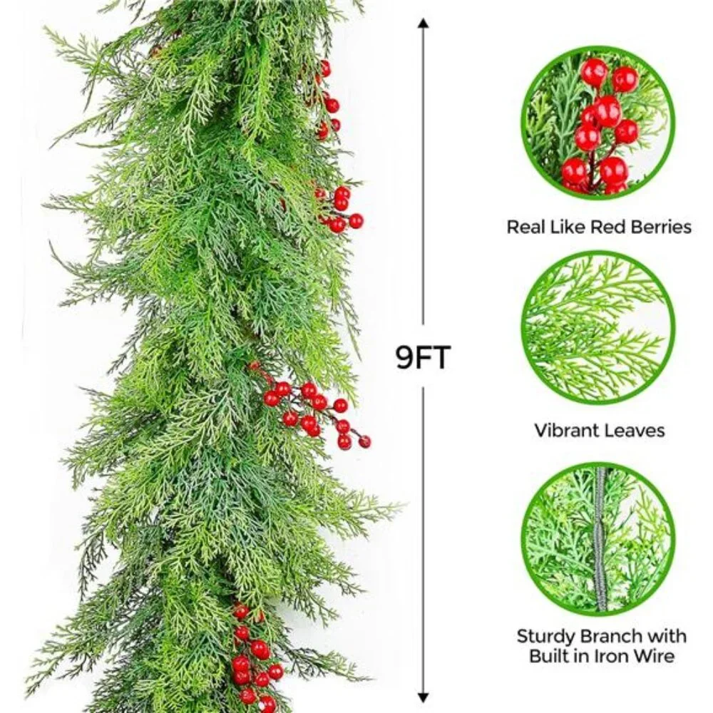 9Ft Christmas Garland, Artificial Cedar Cypress Garland with Red Berry